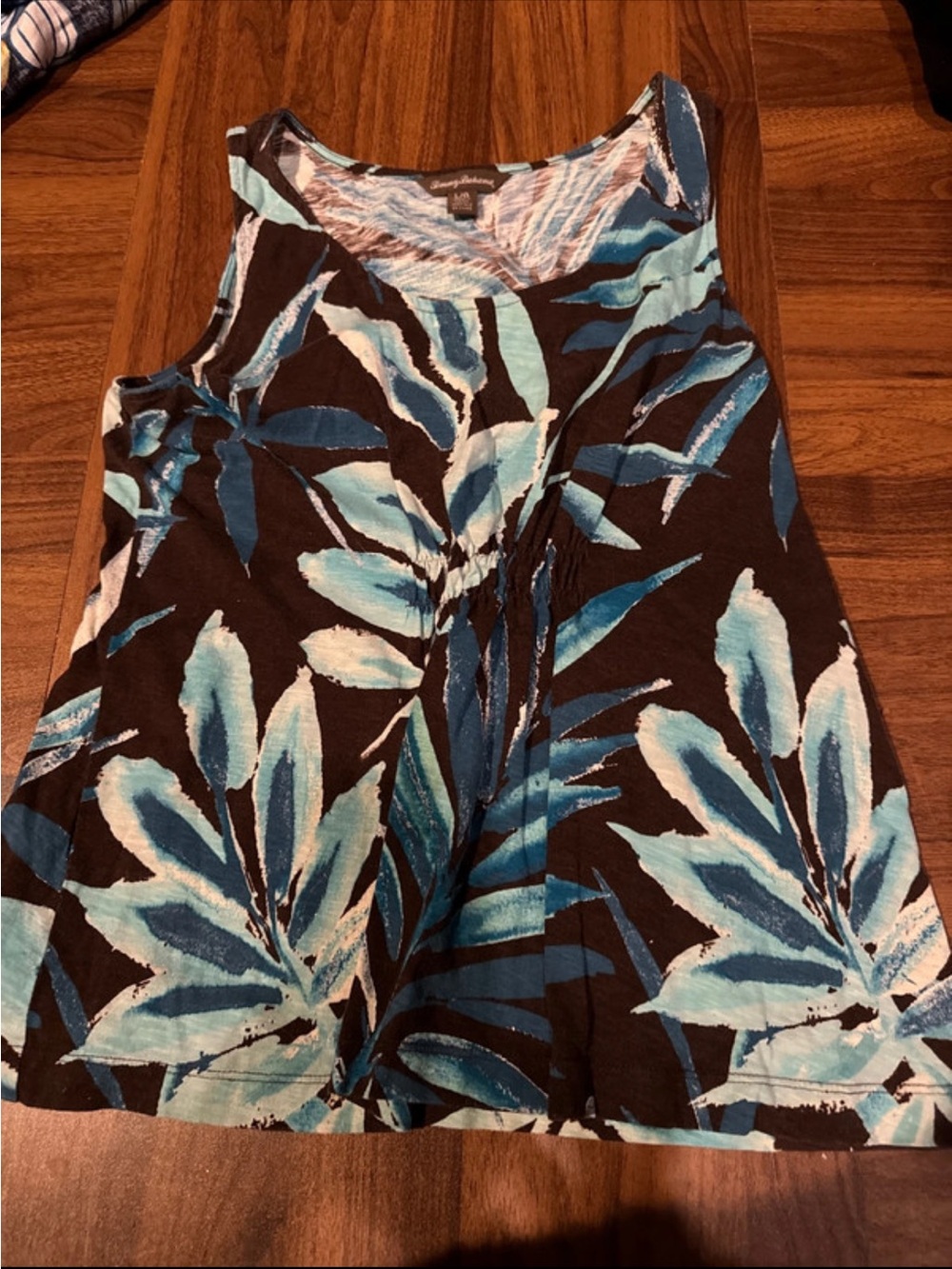 Tommy Bahama Black Tank Top with Teal and Light Blue Tropical Print
